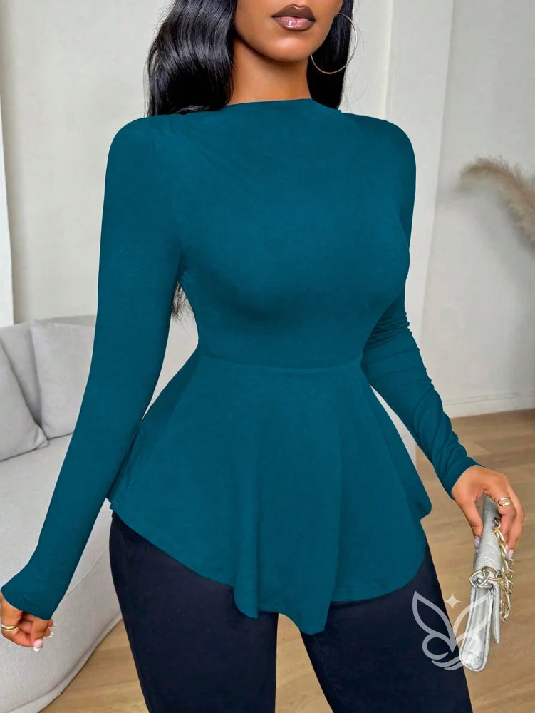 Blusa Peplum Ombro a Ombro Com Babados E Manga Longa Azul Petróleo / PP Blusa Peplum Ombro a Ombro Com Babados E Manga