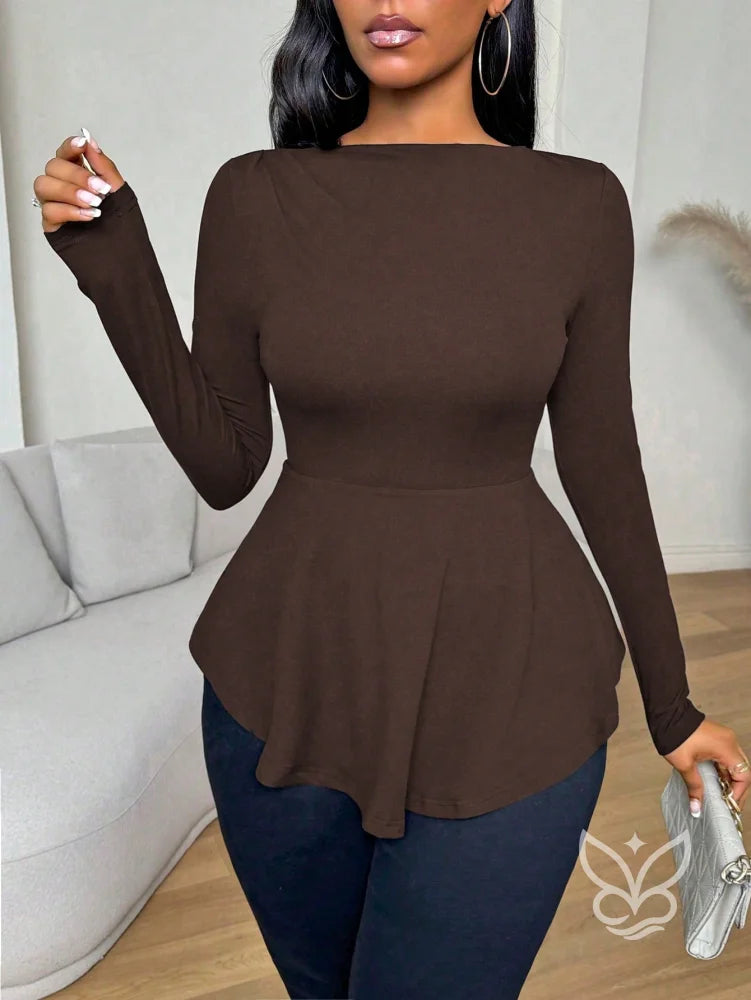 Blusa Peplum Ombro a Ombro Com Babados E Manga Longa Castanho / PP Blusa Peplum Ombro a Ombro Com Babados E Manga Longa