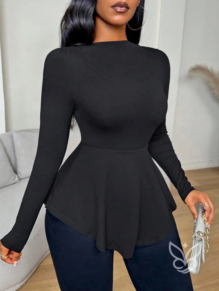 Blusa Peplum Ombro a Ombro Com Babados E Manga Longa Preto / PP Blusa Peplum Ombro a Ombro Com Babados E Manga Longa