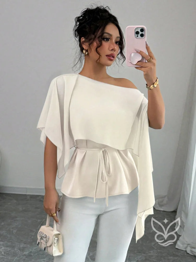 Blusa Peplum Ombro Único Com Gola Assimétrica E Cintura Marcada Blusa Peplum Ombro Único Com Gola Assimétrica E Cintura