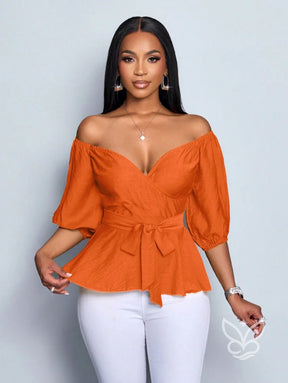 Blusa Peplum Ombro Único Manga Bufante E Amarração Na Cintura Blusa Peplum Ombro Único Manga Bufante E Amarração Na