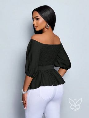 Blusa Peplum Ombro Único Manga Bufante E Amarração Na Cintura Blusa Peplum Ombro Único Manga Bufante E Amarração Na