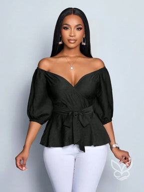 Blusa Peplum Ombro Único Manga Bufante E Amarração Na Cintura Blusa Peplum Ombro Único Manga Bufante E Amarração Na