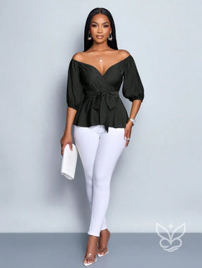 Blusa Peplum Ombro Único Manga Bufante E Amarração Na Cintura Blusa Peplum Ombro Único Manga Bufante E Amarração Na