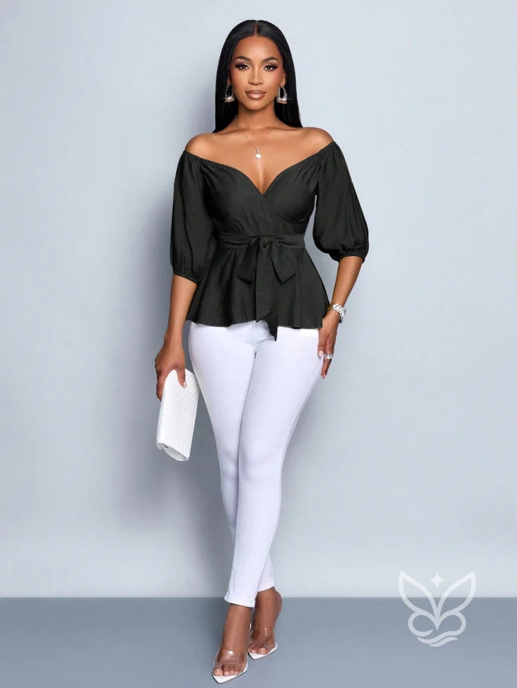 Blusa Peplum Ombro Único Manga Bufante E Amarração Na Cintura Blusa Peplum Ombro Único Manga Bufante E Amarração Na