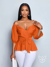 Blusa Peplum Ombro Único Manga Bufante E Amarração Na Cintura Laranja / PP Blusa Peplum Ombro Único Manga Bufante E