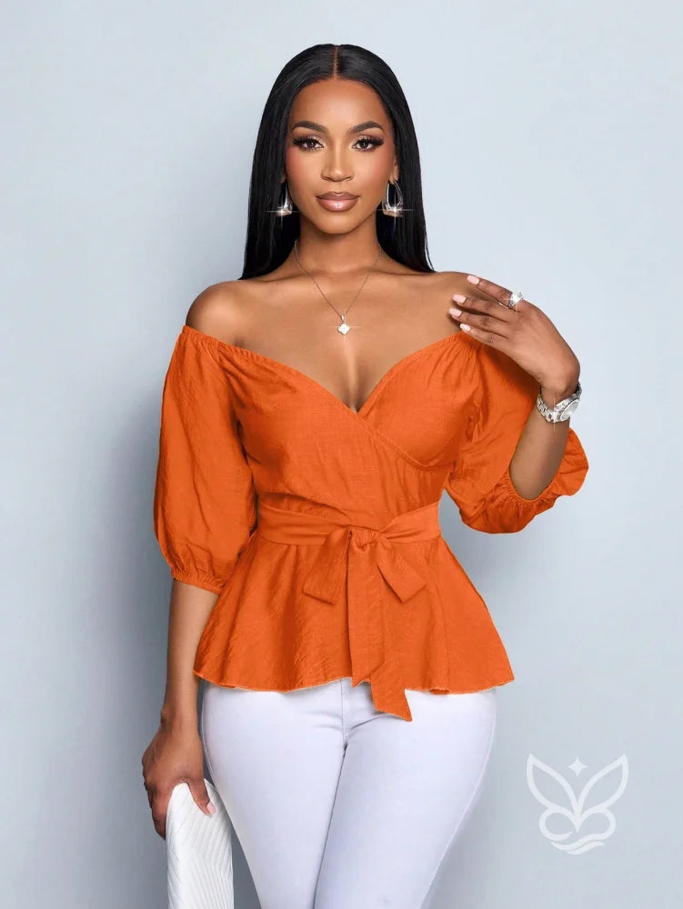 Blusa Peplum Ombro Único Manga Bufante E Amarração Na Cintura Laranja / PP Blusa Peplum Ombro Único Manga Bufante E