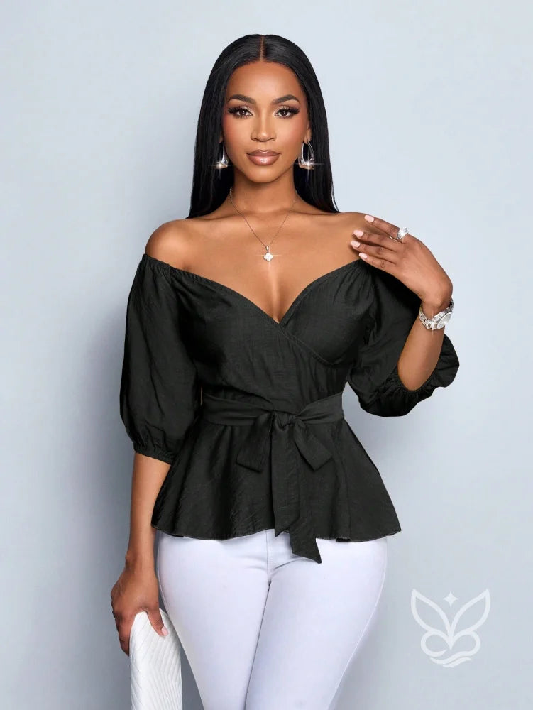 Blusa Peplum Ombro Único Manga Bufante E Amarração Na Cintura Preto / PP Blusa Peplum Ombro Único Manga Bufante E