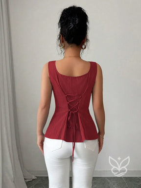 Blusa Peplum Sem Manga Com Cintura Ajustada E Gola Quadrada Blusa Peplum Sem Manga Com Cintura Ajustada E Gola Quadrada