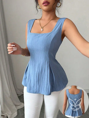 Blusa Peplum Sem Manga Com Cintura Ajustada E Gola Quadrada Azul / PP Blusa Peplum Sem Manga Com Cintura Ajustada E