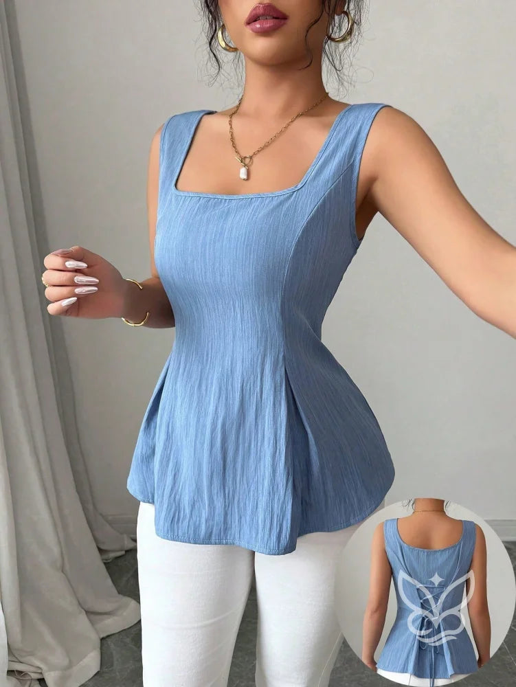 Blusa Peplum Sem Manga Com Cintura Ajustada E Gola Quadrada Azul / PP Blusa Peplum Sem Manga Com Cintura Ajustada E