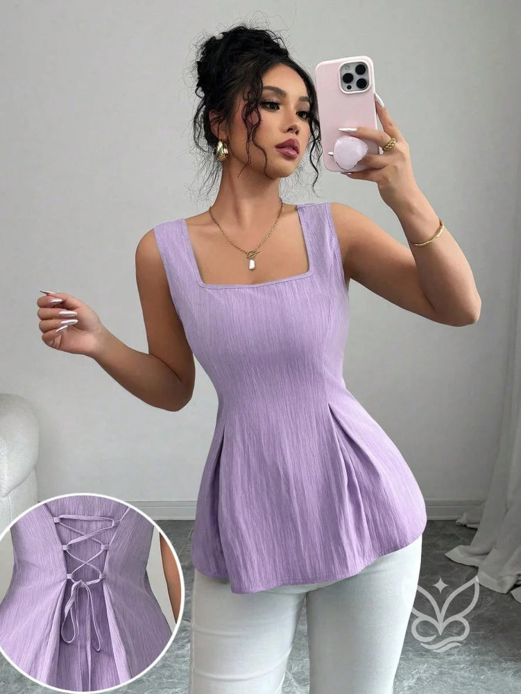 Blusa Peplum Sem Manga Com Cintura Ajustada E Gola Quadrada Malva / PP Blusa Peplum Sem Manga Com Cintura Ajustada E