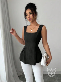Blusa Peplum Sem Manga Com Cintura Ajustada E Gola Quadrada Preto / PP Blusa Peplum Sem Manga Com Cintura Ajustada E