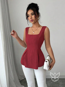 Blusa Peplum Sem Manga Com Cintura Ajustada E Gola Quadrada Vermelho / PP Blusa Peplum Sem Manga Com Cintura Ajustada E