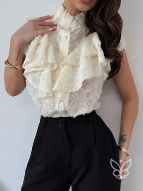 Blusa Regata Com Babados Em Camadas E Textura Refinada Damasco / PP Blusa Regata Com Babados Em Camadas E Textura