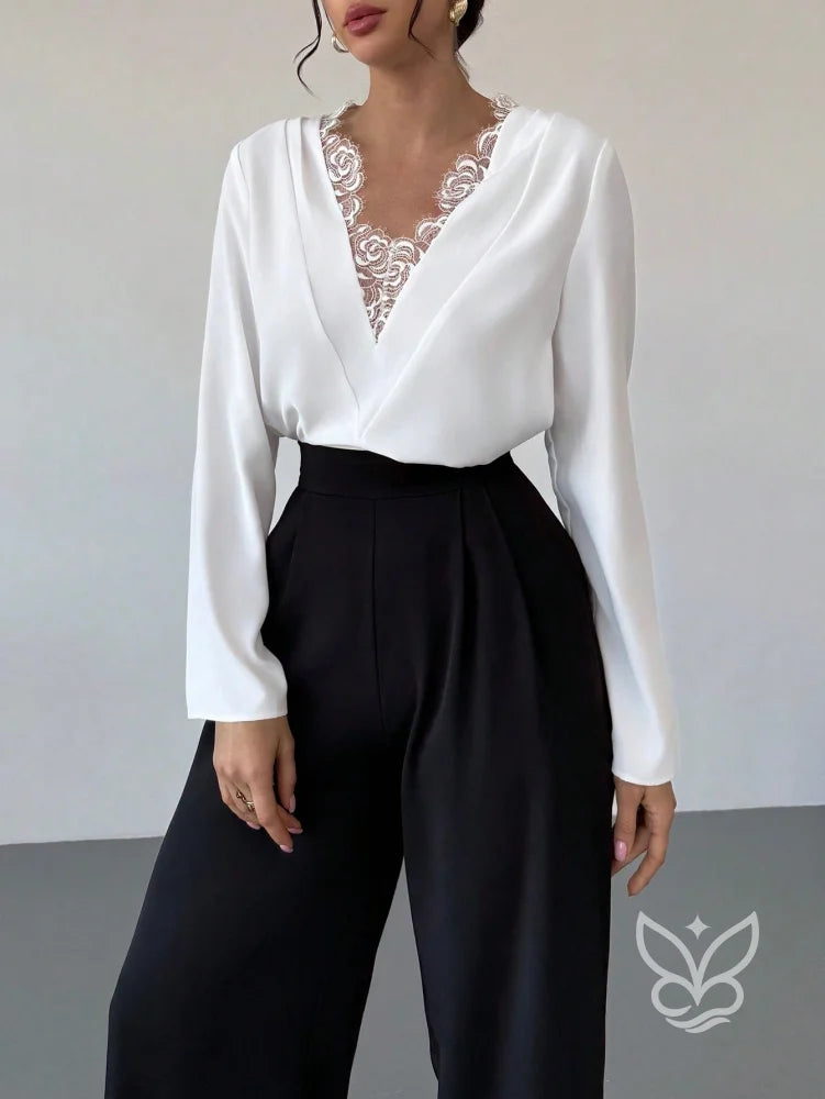 Blusa Renda Com Decote Profundo E Manga Longa Delicada Branco / PP Blusa Renda Com Decote Profundo E Manga Longa