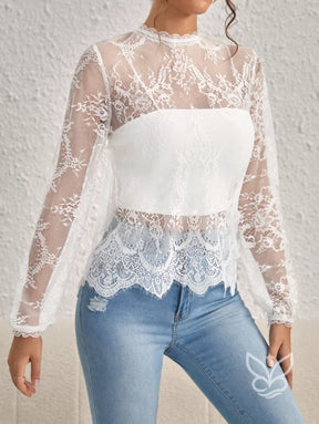 Blusa Renda Com Gola Alta E Manga Longa Sem Bojo Blusa Renda Com Gola Alta E Manga Longa Sem Bojo
