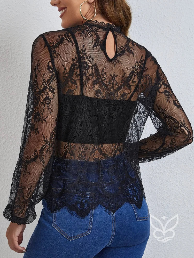 Blusa Renda Com Gola Alta E Manga Longa Sem Bojo Blusa Renda Com Gola Alta E Manga Longa Sem Bojo