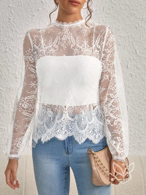 Blusa Renda Com Gola Alta E Manga Longa Sem Bojo Branco / PP Blusa Renda Com Gola Alta E Manga Longa Sem Bojo