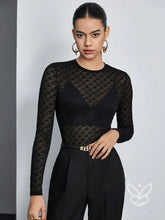 Blusa Renda Com Gola Redonda E Manga Longa Elástica Preto / PP Blusa Renda Com Gola Redonda E Manga Longa Elástica
