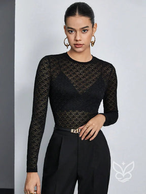 Blusa Renda Com Gola Redonda E Manga Longa Elástica Preto / PP Blusa Renda Com Gola Redonda E Manga Longa Elástica