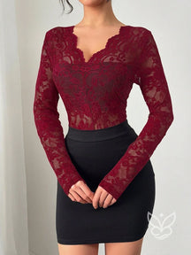 Blusa Renda Floral Com Borda Ondulada E Sem Bojo Vinho / PP Blusa Renda Floral Com Borda Ondulada E Sem Bojo