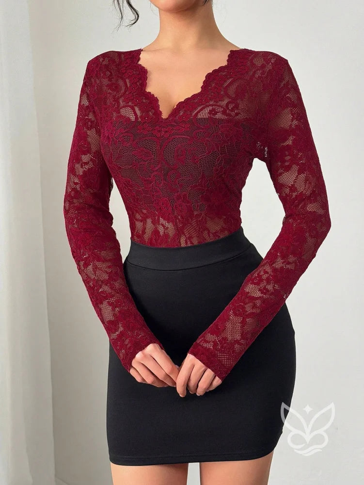 Blusa Renda Floral Com Borda Ondulada E Sem Bojo Vinho / PP Blusa Renda Floral Com Borda Ondulada E Sem Bojo
