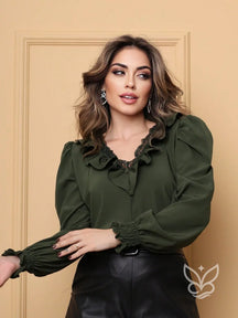 Blusa Rendada Com Decote V Babados E Manga Longa Verde Escuro / PP Blusa Rendada Com Decote V Babados E Manga Longa