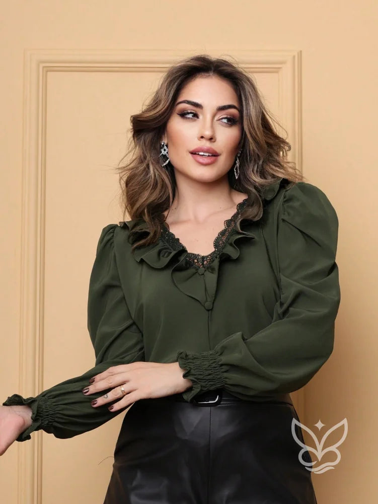 Blusa Rendada Com Decote V Babados E Manga Longa Verde Escuro / PP Blusa Rendada Com Decote V Babados E Manga Longa