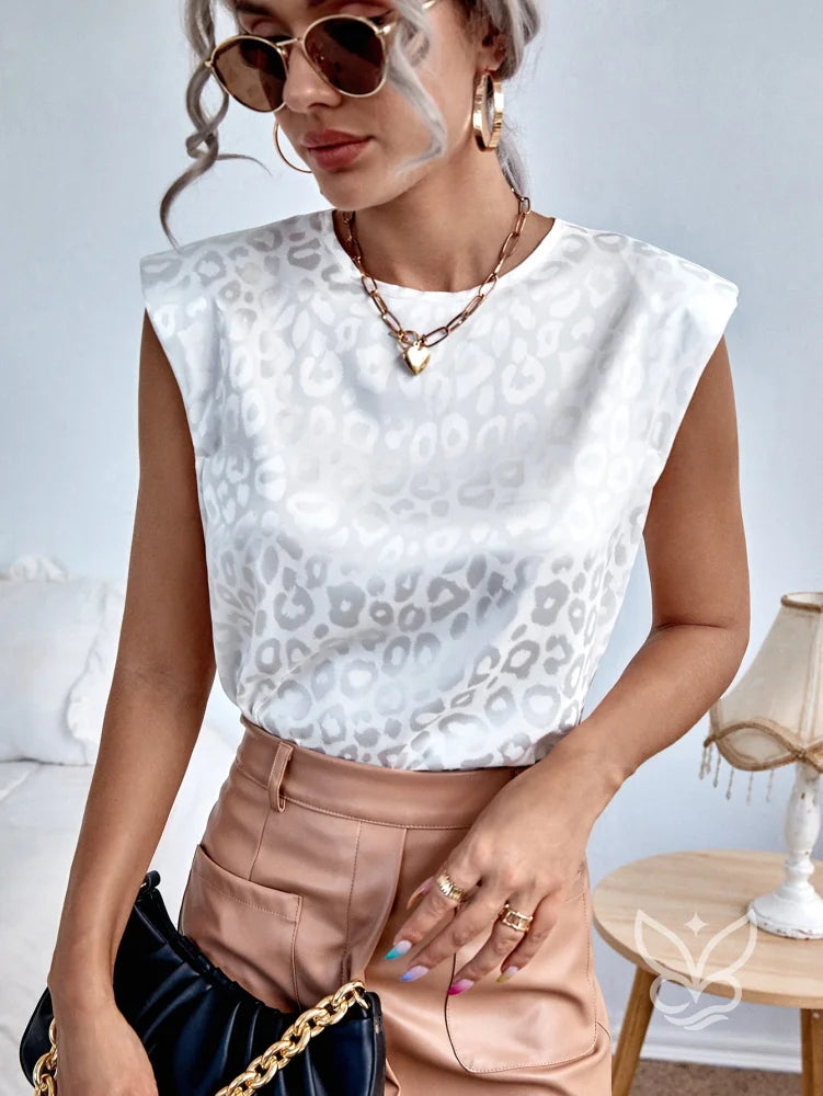 Blusa Sem Manga Com Ombreiras E Estampa Animal Texturizada Branco / PP Blusa Sem Manga Com Ombreiras E Estampa Animal