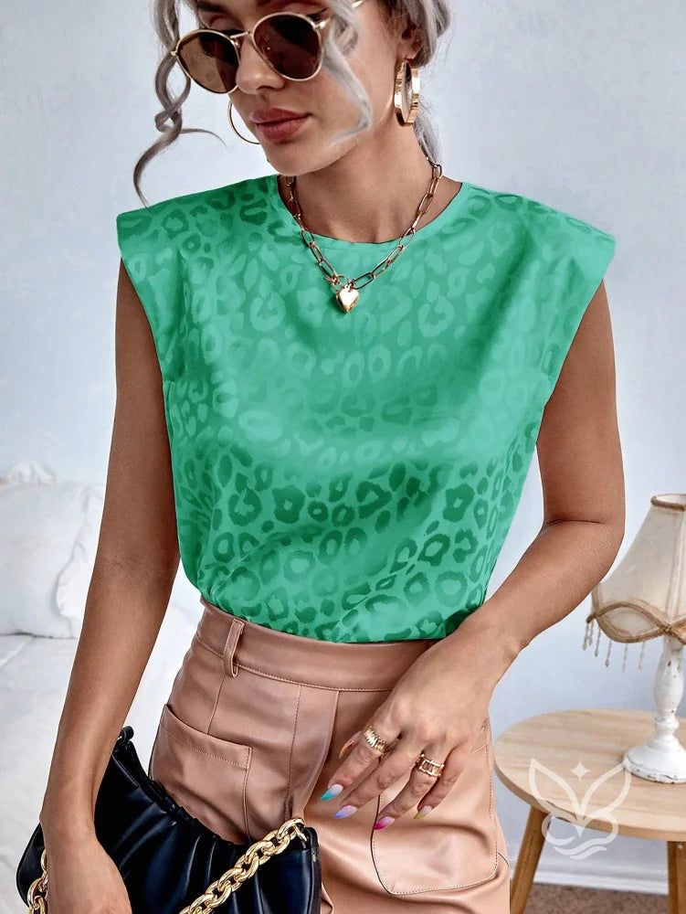 Blusa Sem Manga Com Ombreiras E Estampa Animal Texturizada Verde / PP Blusa Sem Manga Com Ombreiras E Estampa Animal