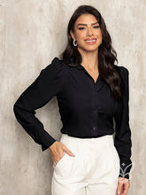 Blusa Social com Manga Longa e Leve Volume nos Ombros Preto / PP Blusa Social com Manga Longa e Leve Volume nos Ombros