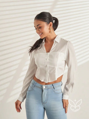 Blusa Social Cropped com Botões e Manga Longa Blusa Social Cropped com Botões e Manga Longa
