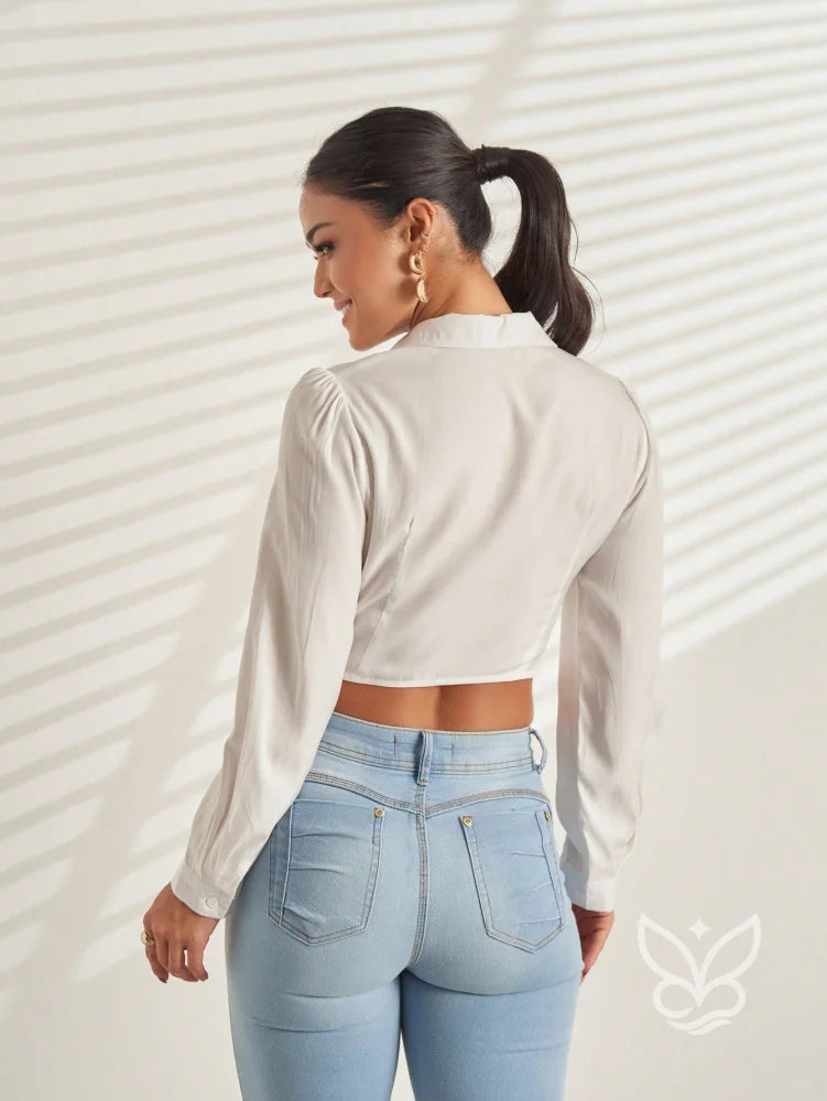 Blusa Social Cropped com Botões e Manga Longa Blusa Social Cropped com Botões e Manga Longa