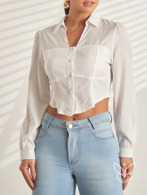 Blusa Social Cropped com Botões e Manga Longa Branco / M Blusa Social Cropped com Botões e Manga Longa