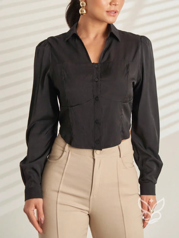 Blusa Social Cropped com Botões e Manga Longa Preto / P Blusa Social Cropped com Botões e Manga Longa
