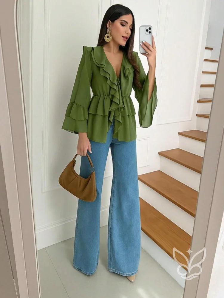 Blusa Transparente com Babados e Manga Flare Verde Limão / P Blusa Transparente com Babados e Manga Flare