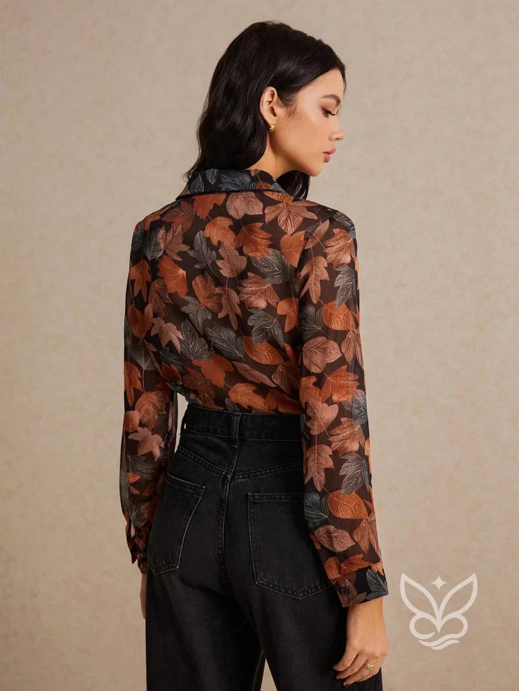 Blusa Transparente com Estampa de Folhagem e Botões Blusa Transparente com Estampa de Folhagem e Botões
