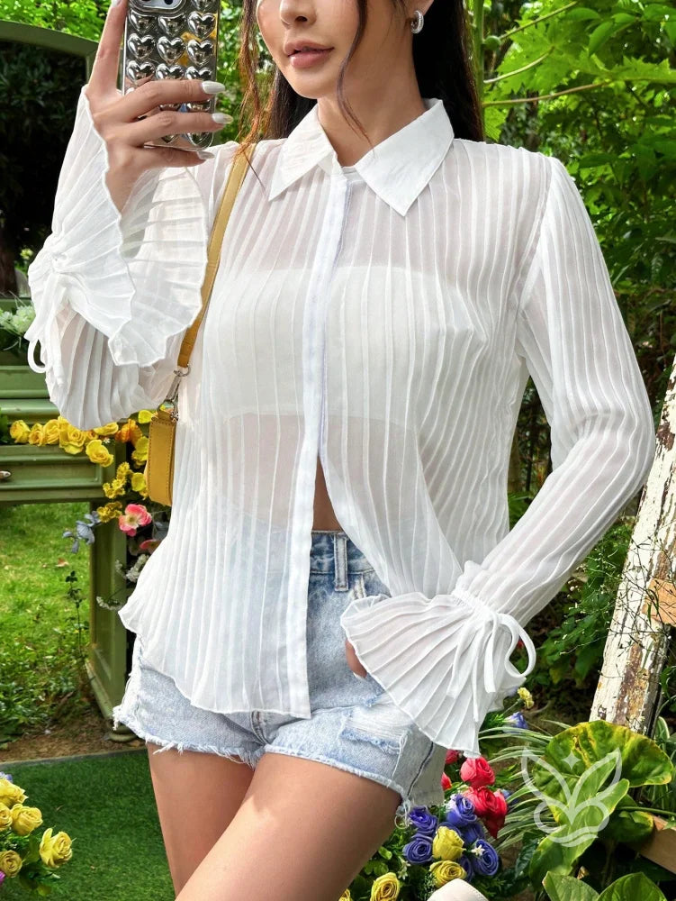 Blusa Transparente com Punho Plissado e Gola Clássica Branco / PP Blusa Transparente com Punho Plissado e Gola Clássica