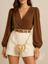 Blusa Transpassada com Manga Longa Bufante Marrom / P Blusa Transpassada com Manga Longa Bufante