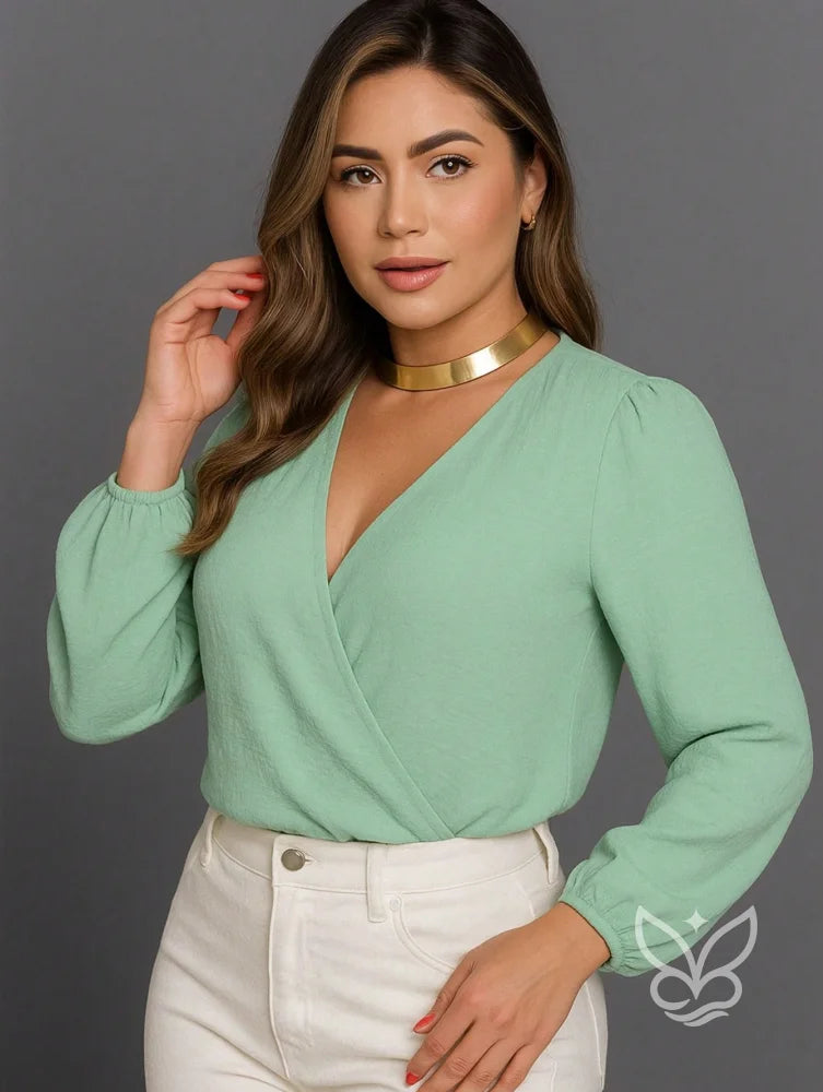 Blusa Transpassada com Manga Longa Bufante Verde Menta / P Blusa Transpassada com Manga Longa Bufante