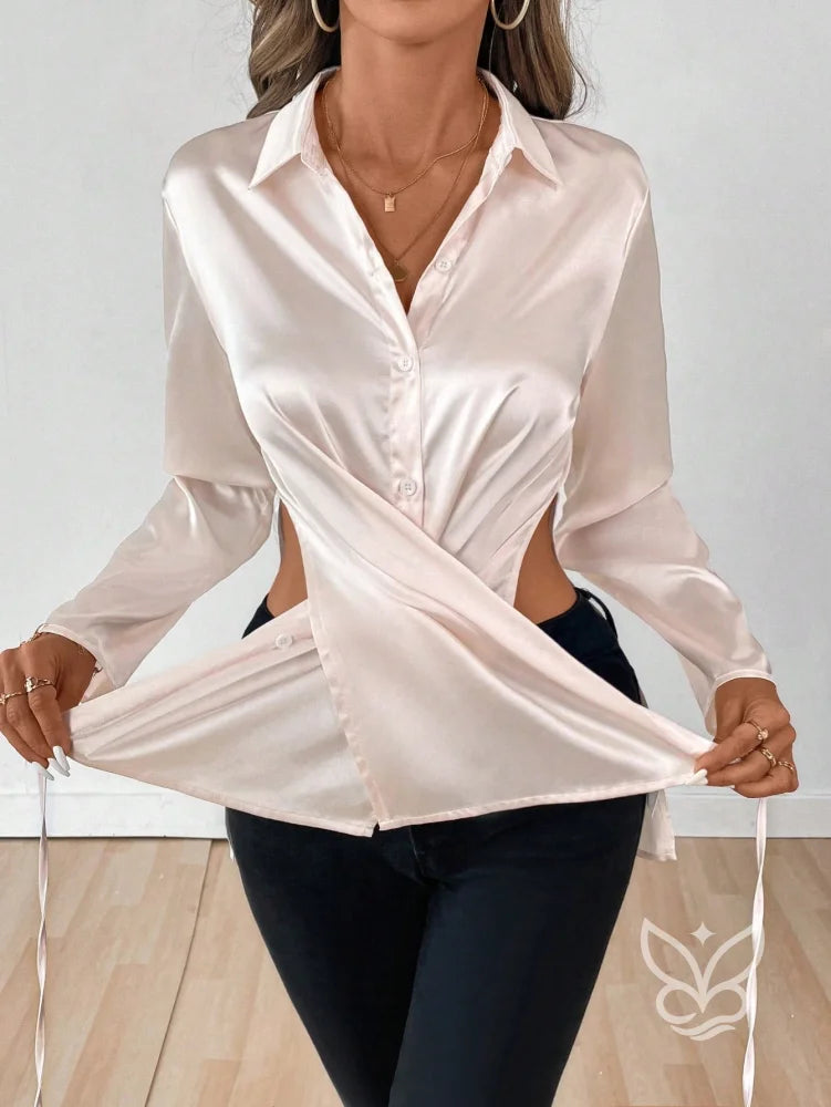 Blusa Transpassada Em Cetim Com Cintura Marcada E Gola Champanhe / PP Blusa Transpassada Em Cetim Com Cintura Marcada E