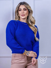 Blusa Tricot com Gola Canelada e Caimento Sofisticado Azul / PP Blusa Tricot com Gola Canelada e Caimento Sofisticado