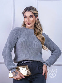 Blusa Tricot com Gola Canelada e Caimento Sofisticado Cinza / PP Blusa Tricot com Gola Canelada e Caimento Sofisticado