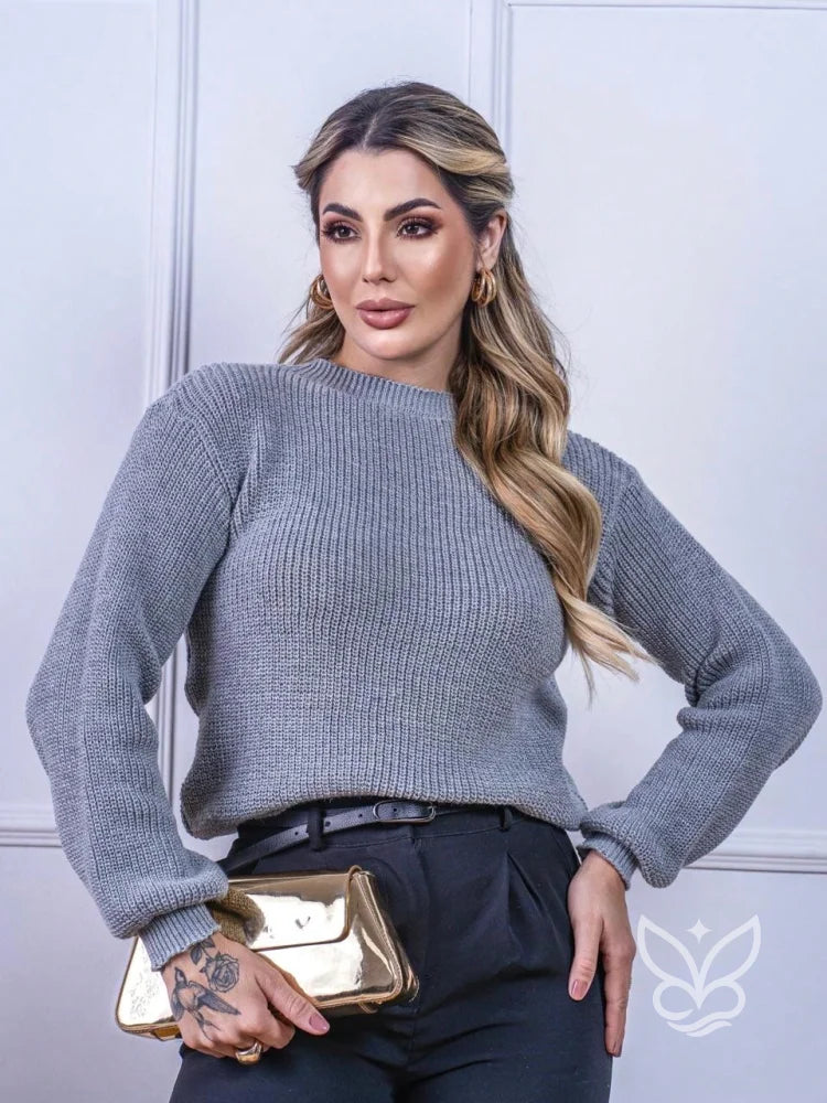 Blusa Tricot com Gola Canelada e Caimento Sofisticado Cinza / PP Blusa Tricot com Gola Canelada e Caimento Sofisticado