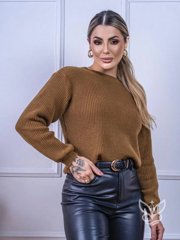Blusa Tricot com Gola Canelada e Caimento Sofisticado Marrom / PP Blusa Tricot com Gola Canelada e Caimento Sofisticado