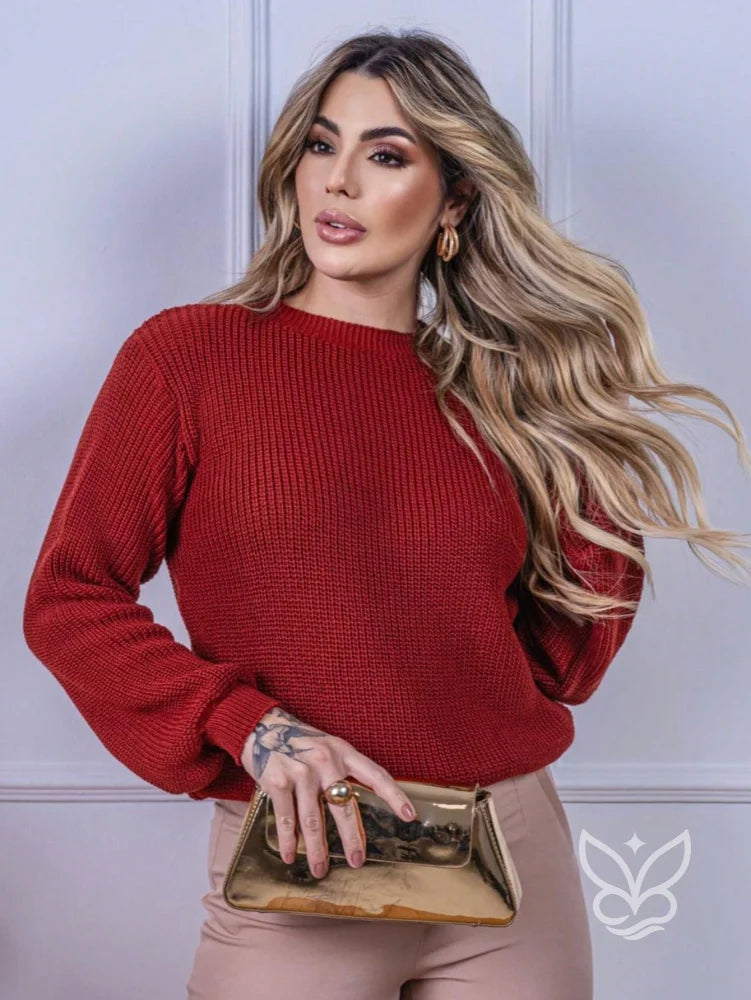 Blusa Tricot com Gola Canelada e Caimento Sofisticado Vinho / PP Blusa Tricot com Gola Canelada e Caimento Sofisticado