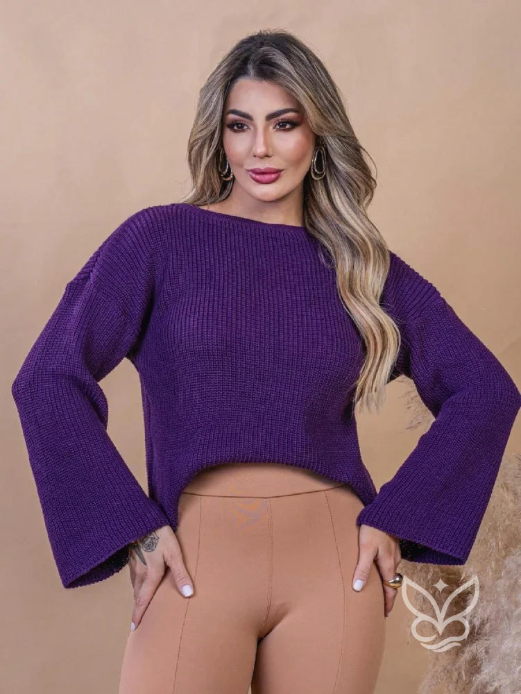 Blusa Tricot Cropped com Manga Longa Flare Roxo / PP Blusa Tricot Cropped com Manga Longa Flare