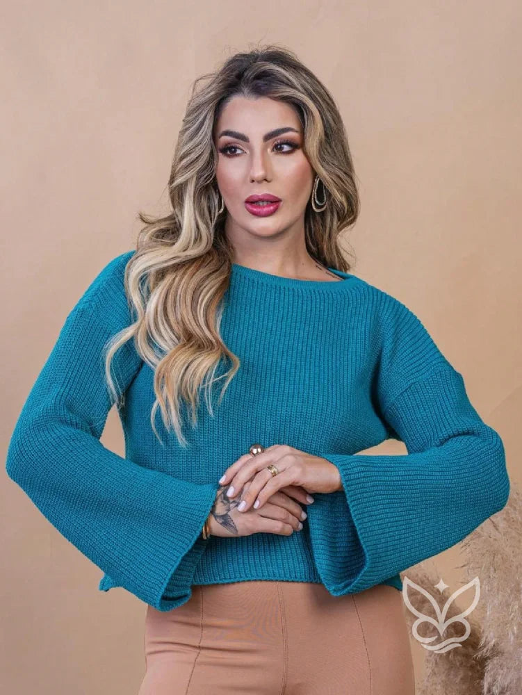 Blusa Tricot Cropped com Manga Longa Flare Verde Menta / PP Blusa Tricot Cropped com Manga Longa Flare