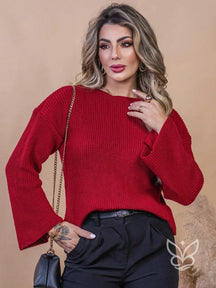 Blusa Tricot Cropped com Manga Longa Flare Vinho / PP Blusa Tricot Cropped com Manga Longa Flare